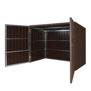 Offene, abschließbare MCW Fahrradgarage J29 in Braun mit Metallrahmen und Holzoptik für 2 Fahrräder.