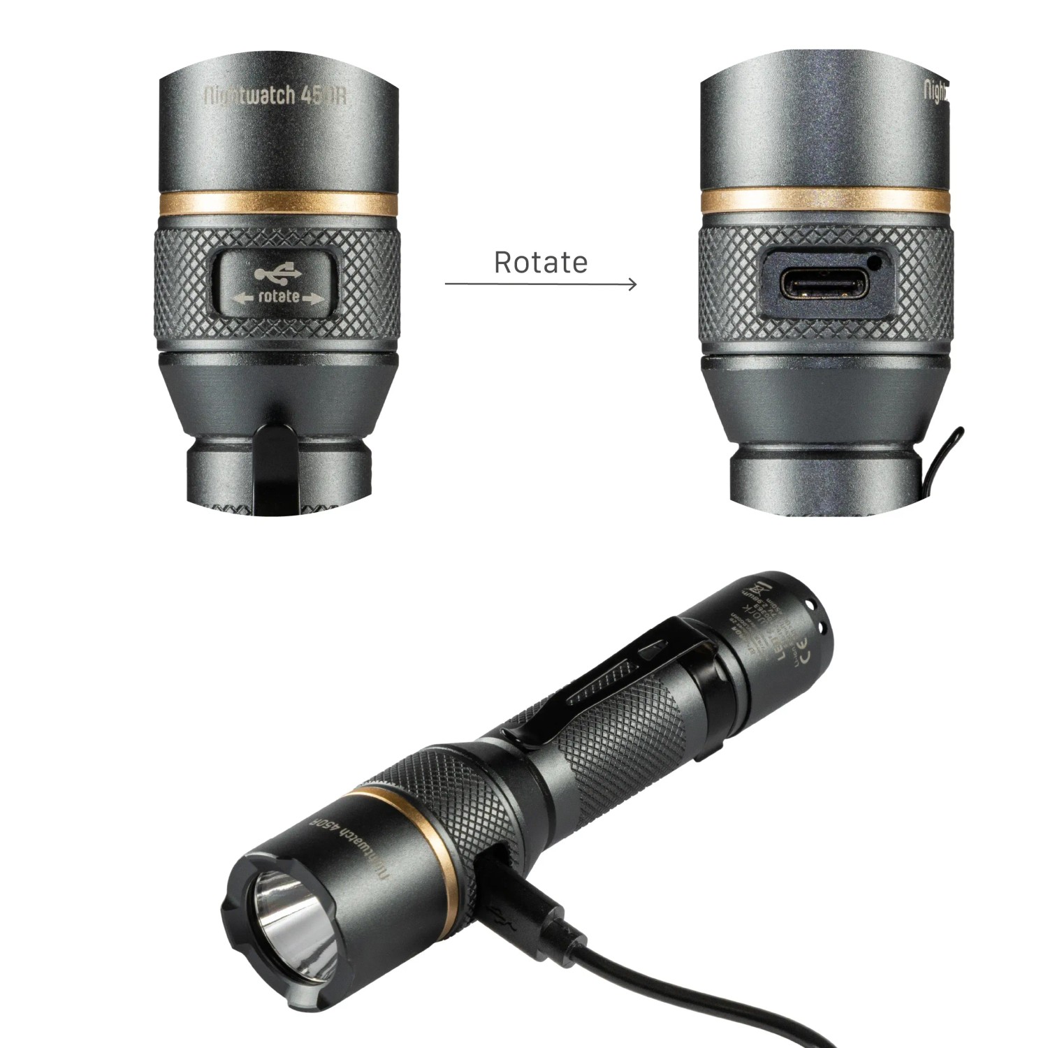 LED Akku-Taschenlampe, dimm- und zoombar, mit USB-Ladefunktion und Clip.