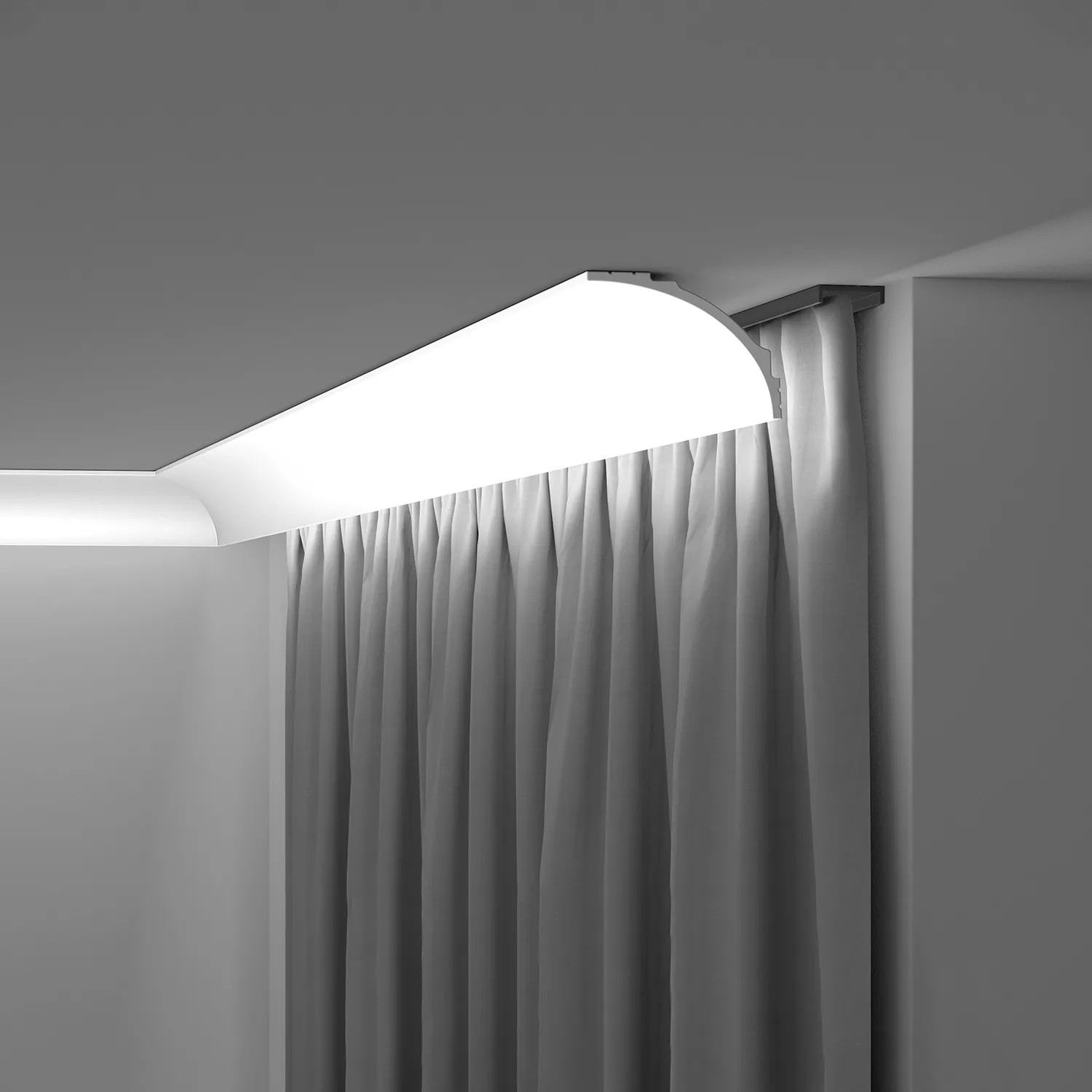 NOEL & MARQUET Eckleiste IL18-Box WALLSTYL, grau, mit indirekter Beleuchtung und Gardine.