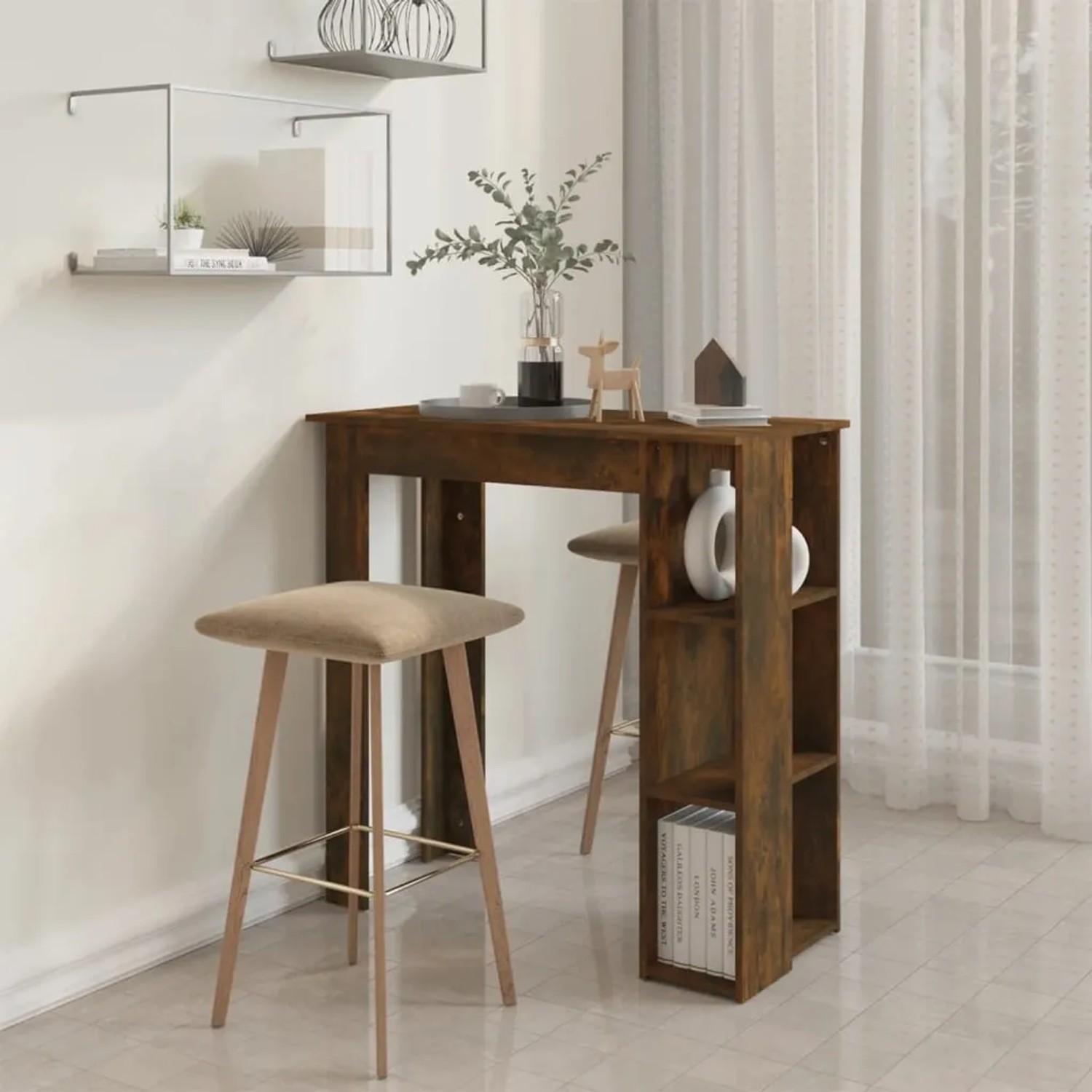 vidaXL Bartisch mit Regal in Räuchereiche, 102x50x103,5 cm, aus Holzwerkstoff.