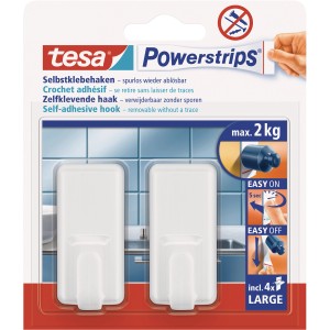 Tesa Selbstklebehaken, 2er-Pack, weiß, eckig, mit Powerstrips Large, bis 2 kg Haltekraft.