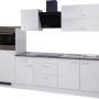 Flex-Well Küchenzeile Lucca 270 cm in Weiß mit E-Geräten und grauer Arbeitsplatte.