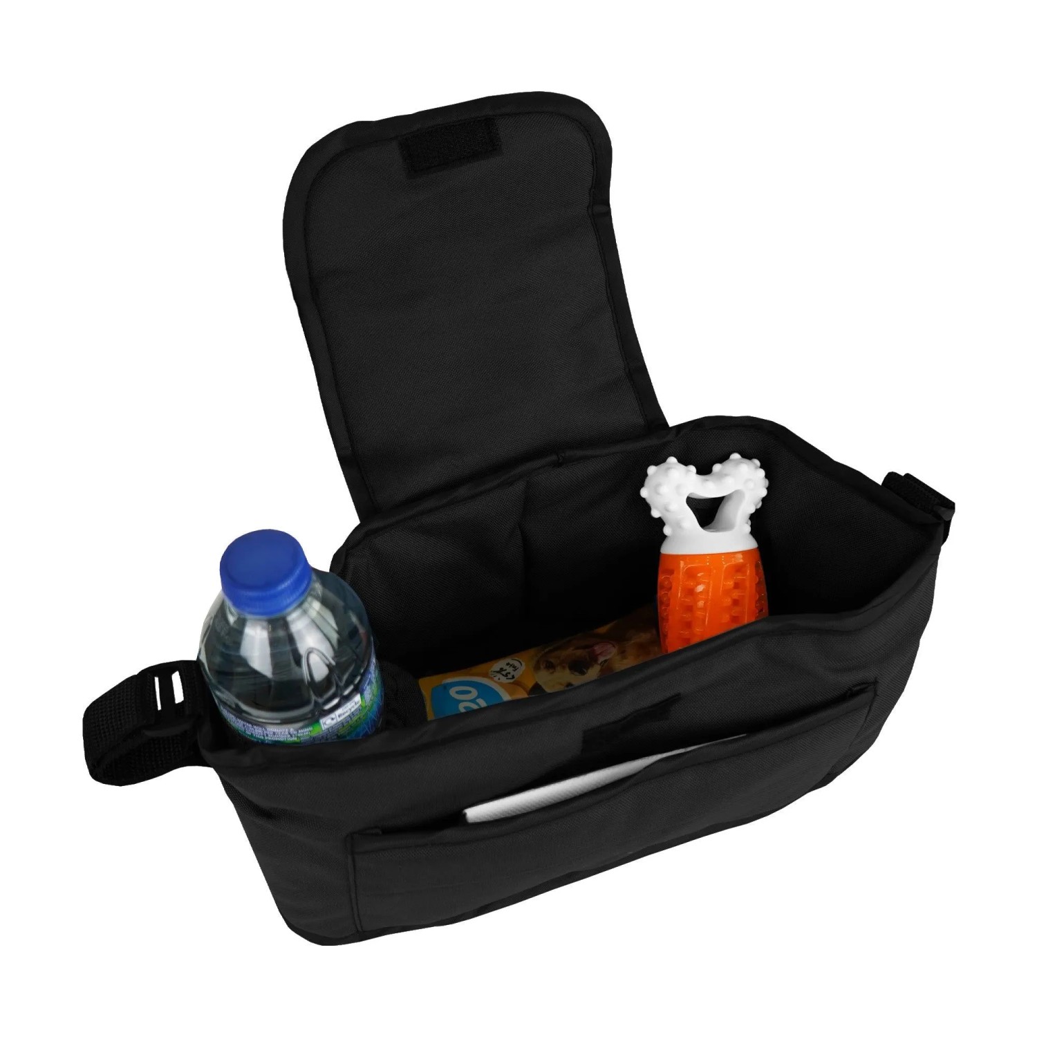 Schwarze Monstershop Haustierwagen Fronttasche mit Getränk, Snack und Spielzeug.