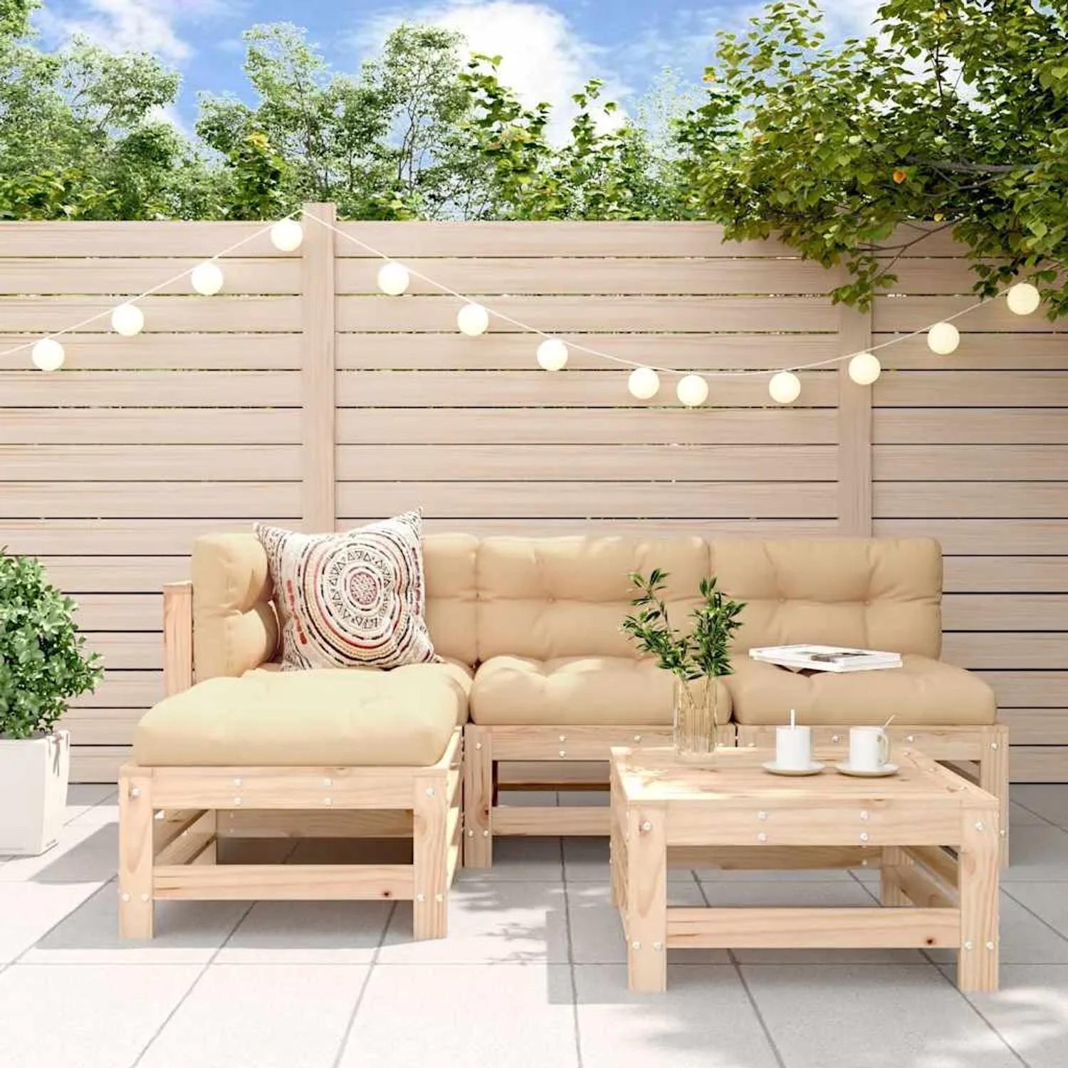 vidaXL 5-tlg. Garten Lounge Set aus Kiefernholz mit Polstern und Tisch.