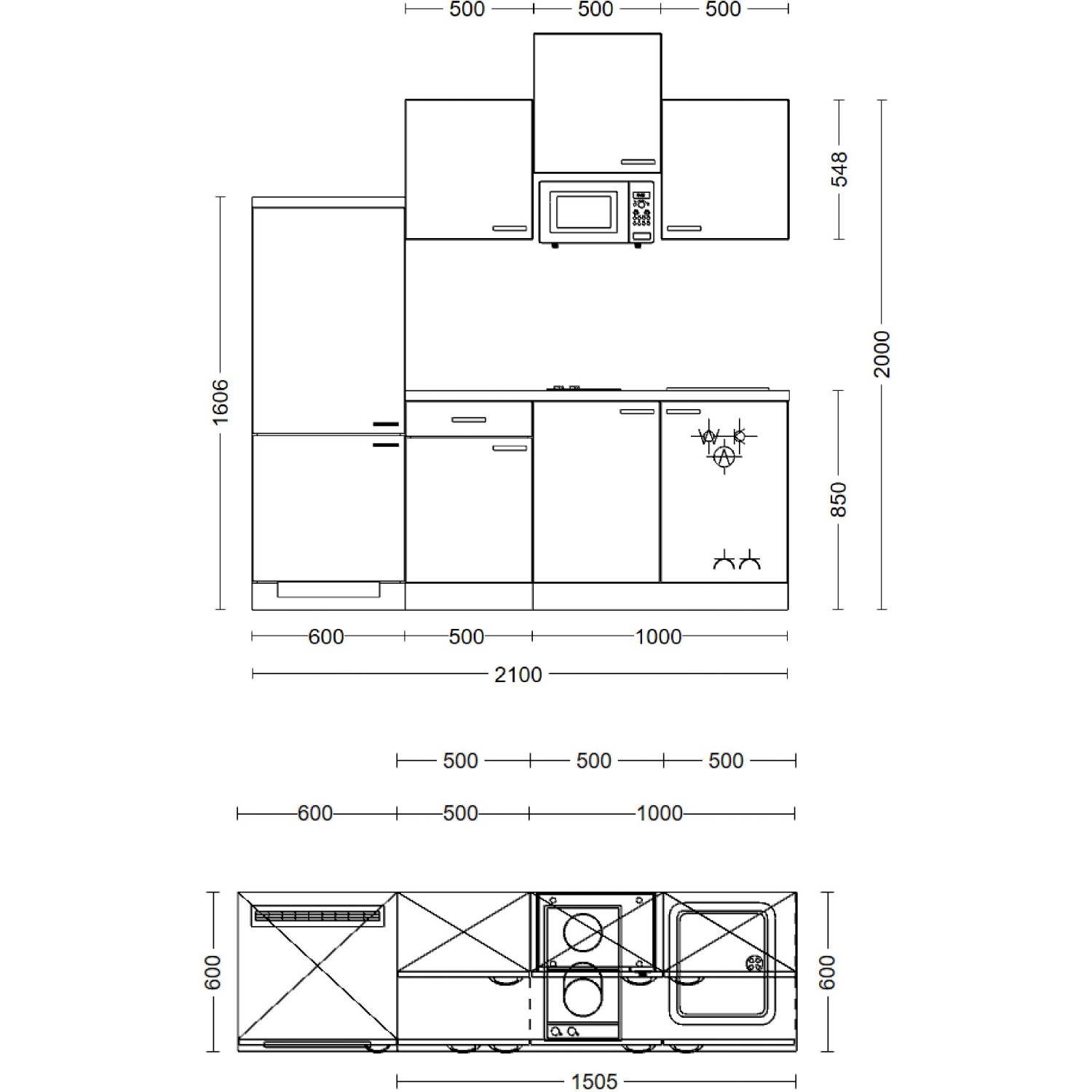 Skizze der Flex-Well Classic Küchenzeile Nano 210 cm in Buche mit Maßen.