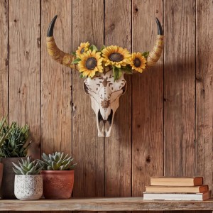 Deko Schädel aus Polyresin mit Sonnenblumen, 42cm, für In- und Outdoor als Wanddeko.
