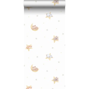 Dekorative Papiertapete mit schlafenden Tieren auf Sternen und Mond in Gelb und Weiß. Ideal für Kinderzimmer.