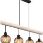 Moderne 4-flammige Pendelleuchte Paulo mit Holz und amberfarbenen Glasschirmen.