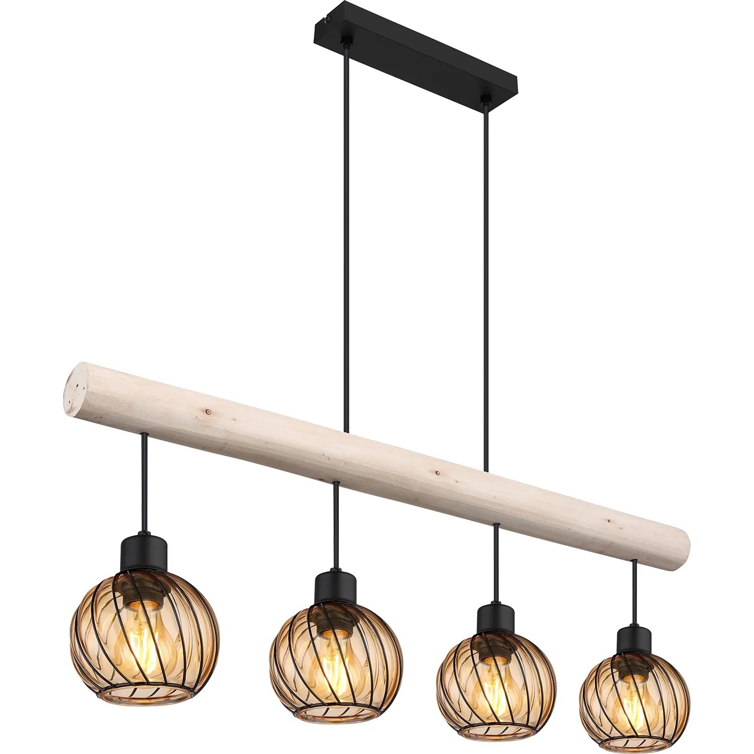 Moderne 4-flammige Pendelleuchte Paulo mit Holz und amberfarbenen Glasschirmen.