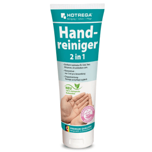 Hotrega Handreiniger 2in1, weiße/türkise Tube, entfernt Öl, Fett, Teer. Mit Maismehl-Reibemittel, 250 ml.