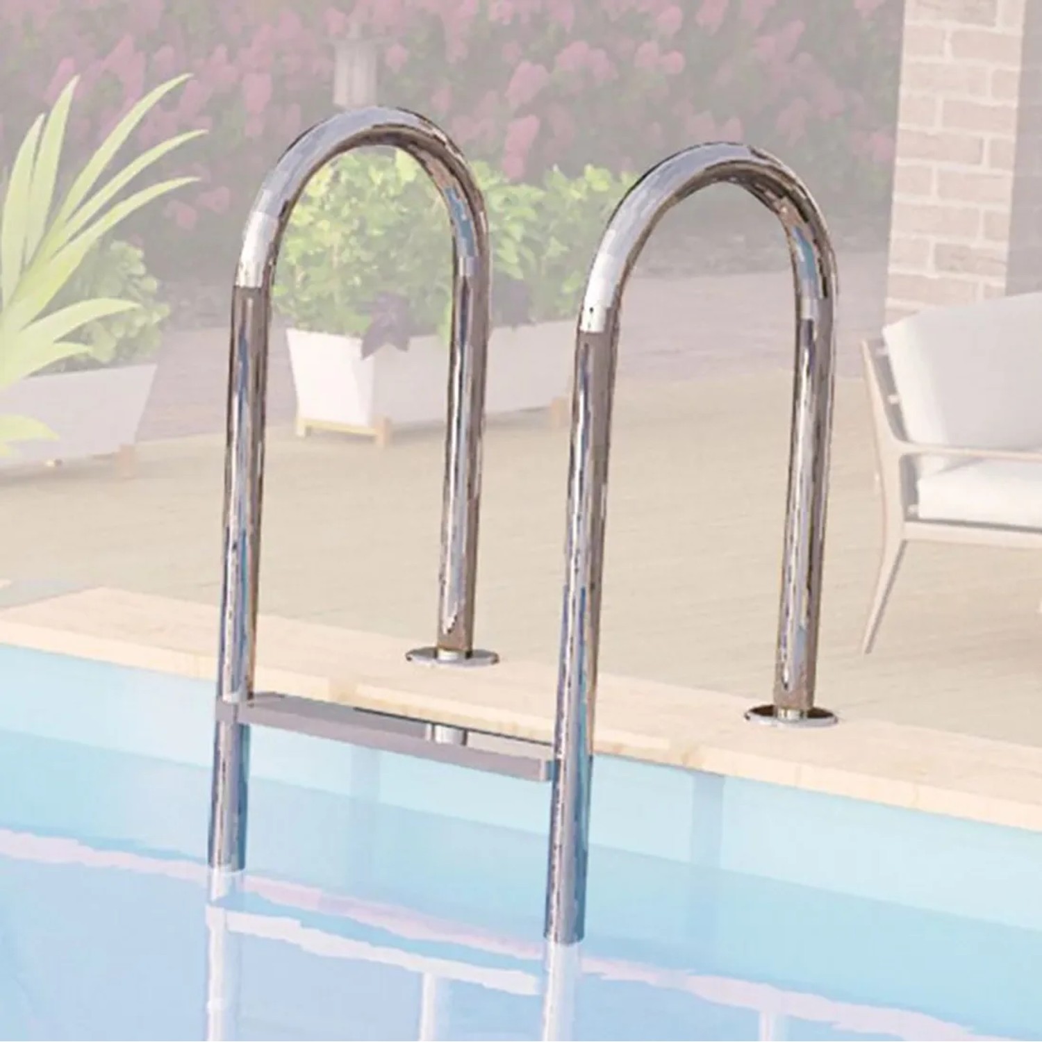 Edelstahl Einhängeleiter für Karibu Holzpool Set, Detailaufnahme.