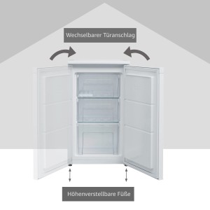 Telefunken Gefrierschrank mit geöffneten Türen, 3 Schubladen, wechselbarer Türanschlag und höhenverstellbaren Füßen.