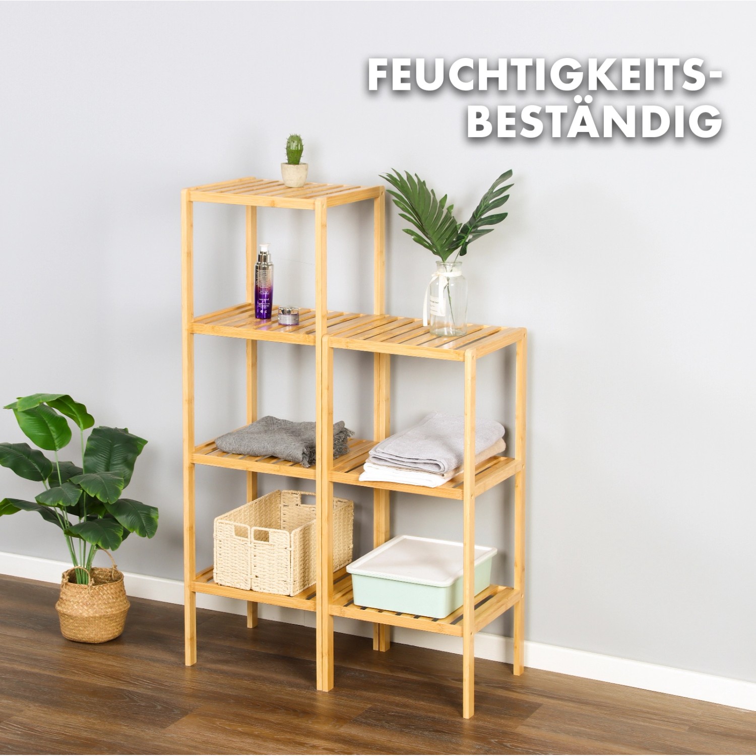 KARAT Bambus Standregal Lowa mit 3 Etagen, helles Holz, mit Deko-Elementen.