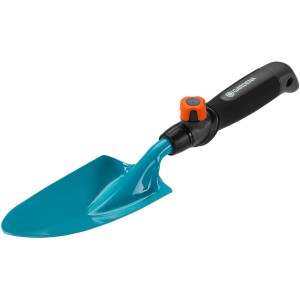 Gardena combisystem Blumenkelle mit blauem Blatt und schwarzem Griff.