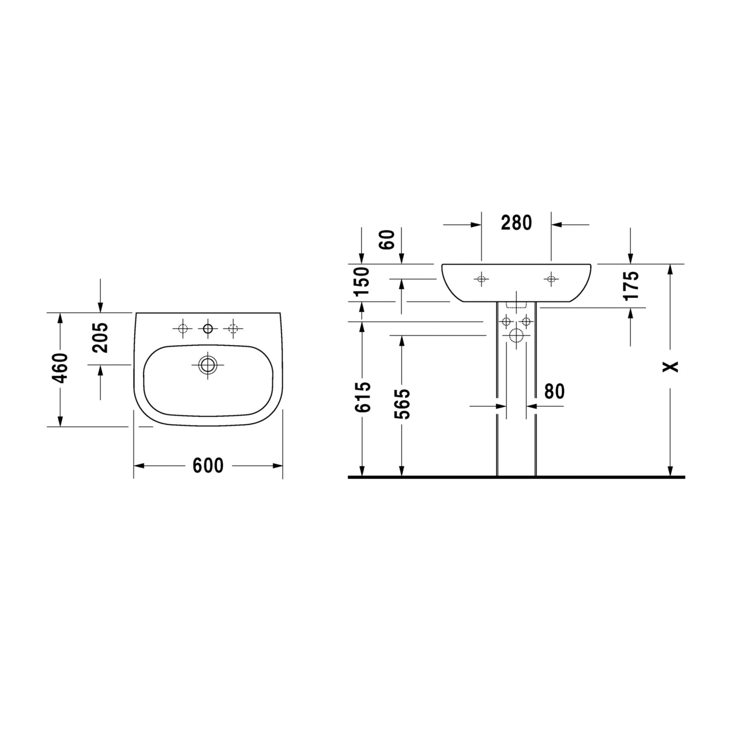 Technische Zeichnung: Duravit Waschbecken 60 cm D-Code, weiß, mit Maßen für Installation.