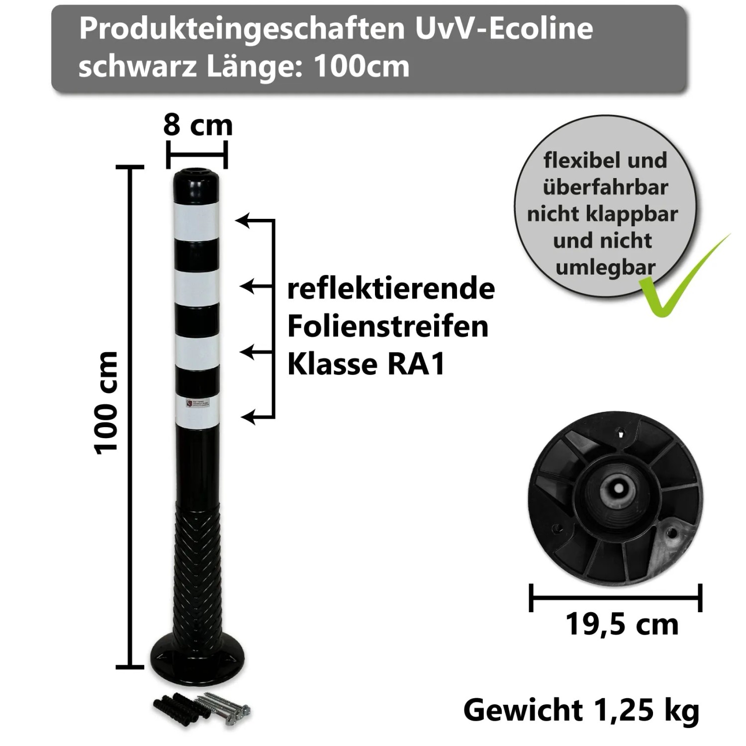 Schwarzer UvV Ecoline Absperrpfosten, 100 cm hoch, mit Reflexstreifen und Befestigung.