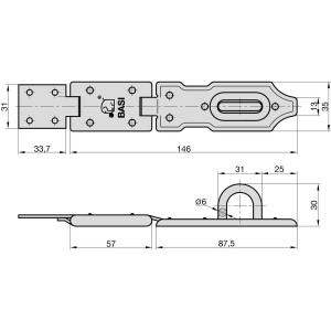 Technische Zeichnung einer Basi Sicherheitsüberfalle, 146 mm, mit Gelenk und Maßangaben.
