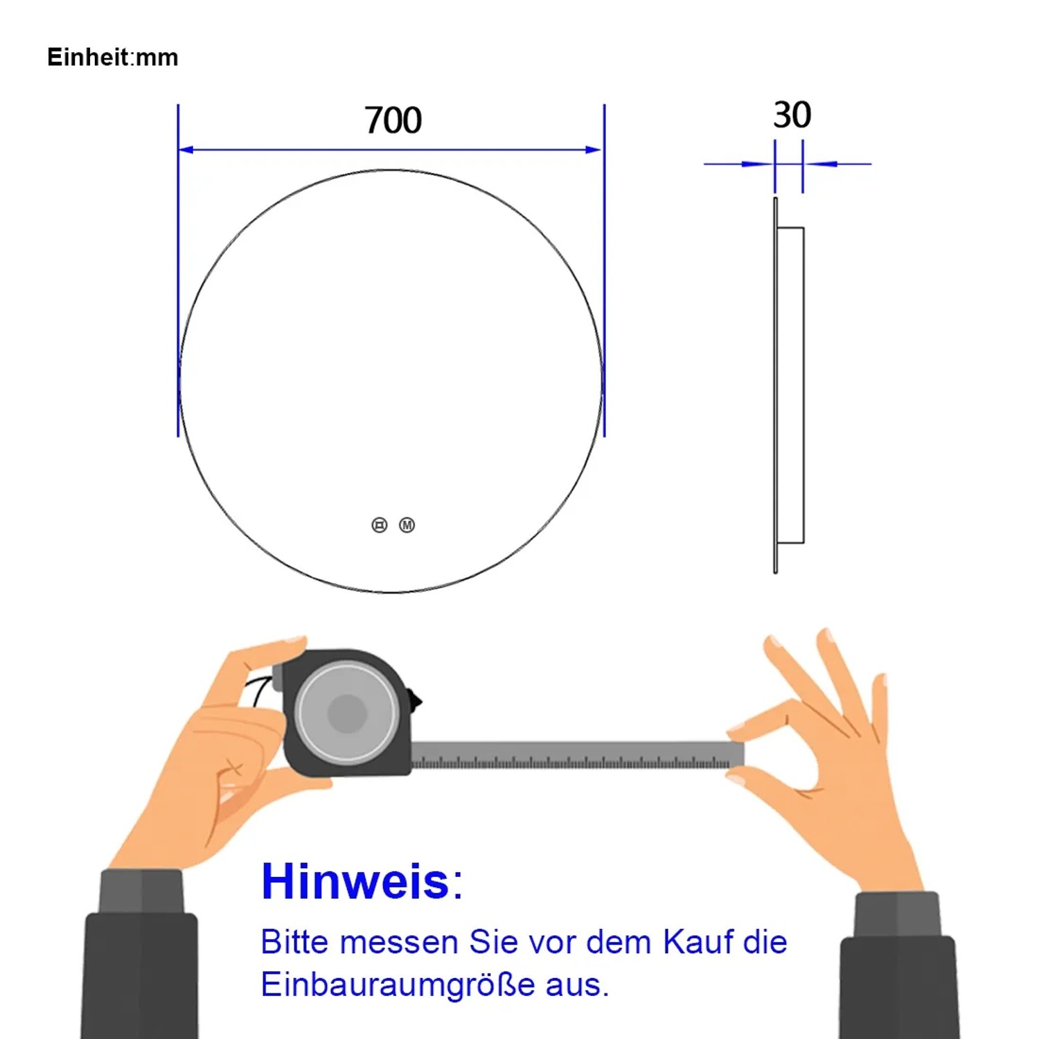 Skizze: Emke runder LED Spiegel, 70cm Durchmesser, 30mm Tiefe. Hinweis: Einbaumaße vor Kauf prüfen.