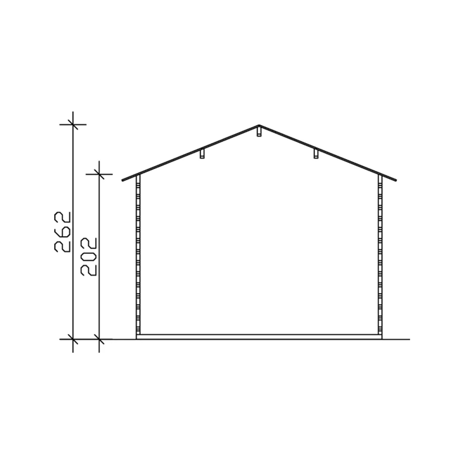 Skizze Skan Holz Gartenhaus Narvik 2: Seitenansicht mit Höhenangaben. Ideal für Planung.