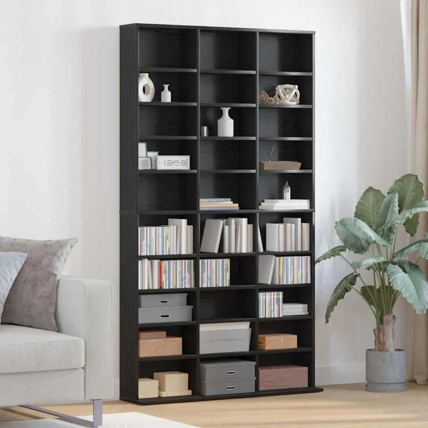 Schwarzes CD Regal in Eichen-Optik von vidaXL, Holzwerkstoff, 101x23x177,5 cm. Wohnzimmerschrank mit vielen Fächern.