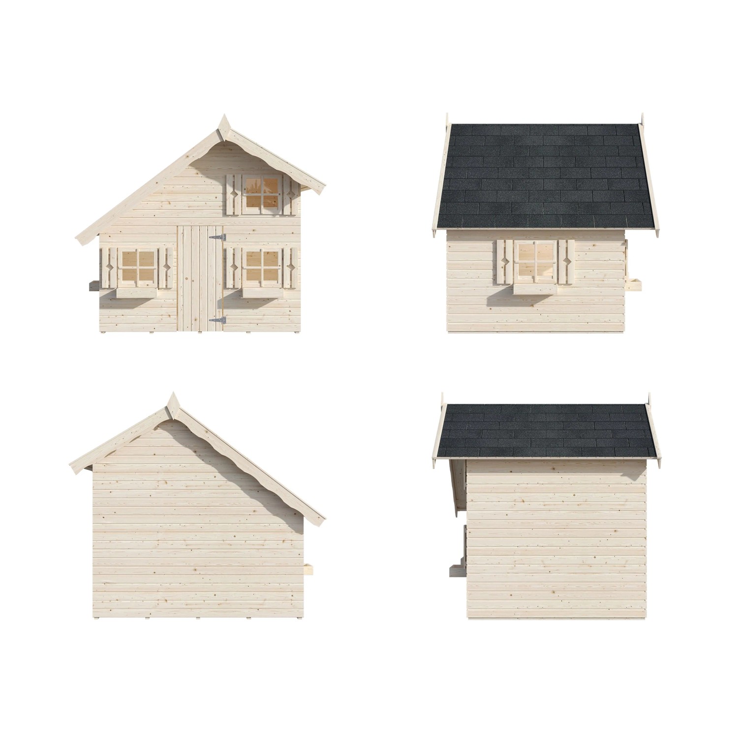 Palmako Spielhaus Tom aus Fichtenholz, naturbelassen, mit zwei Ebenen und Fenstern, Ansichten von allen vier Seiten.