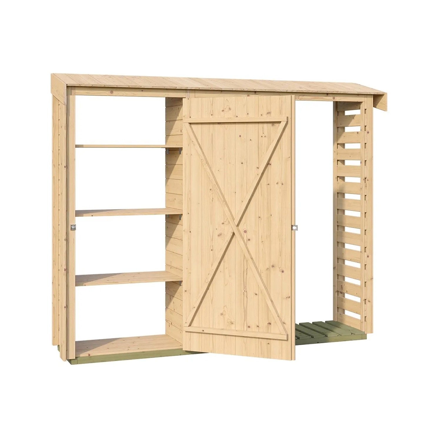 GH Killarney RH 300Nat Holz-Gartenhaus mit Regalen und abschließbarer Tür.