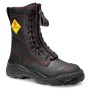 Schwarzer ELTEN Feuerwehrstiefel aus Leder mit roter Naht, Schnürung und Reißverschluss. Robuster Arbeitsschuh.