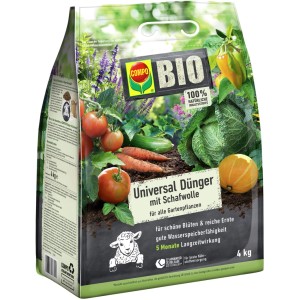 Compo Bio Universal Dünger mit Schafwolle, 4kg Sack für Gartenpflanzen.