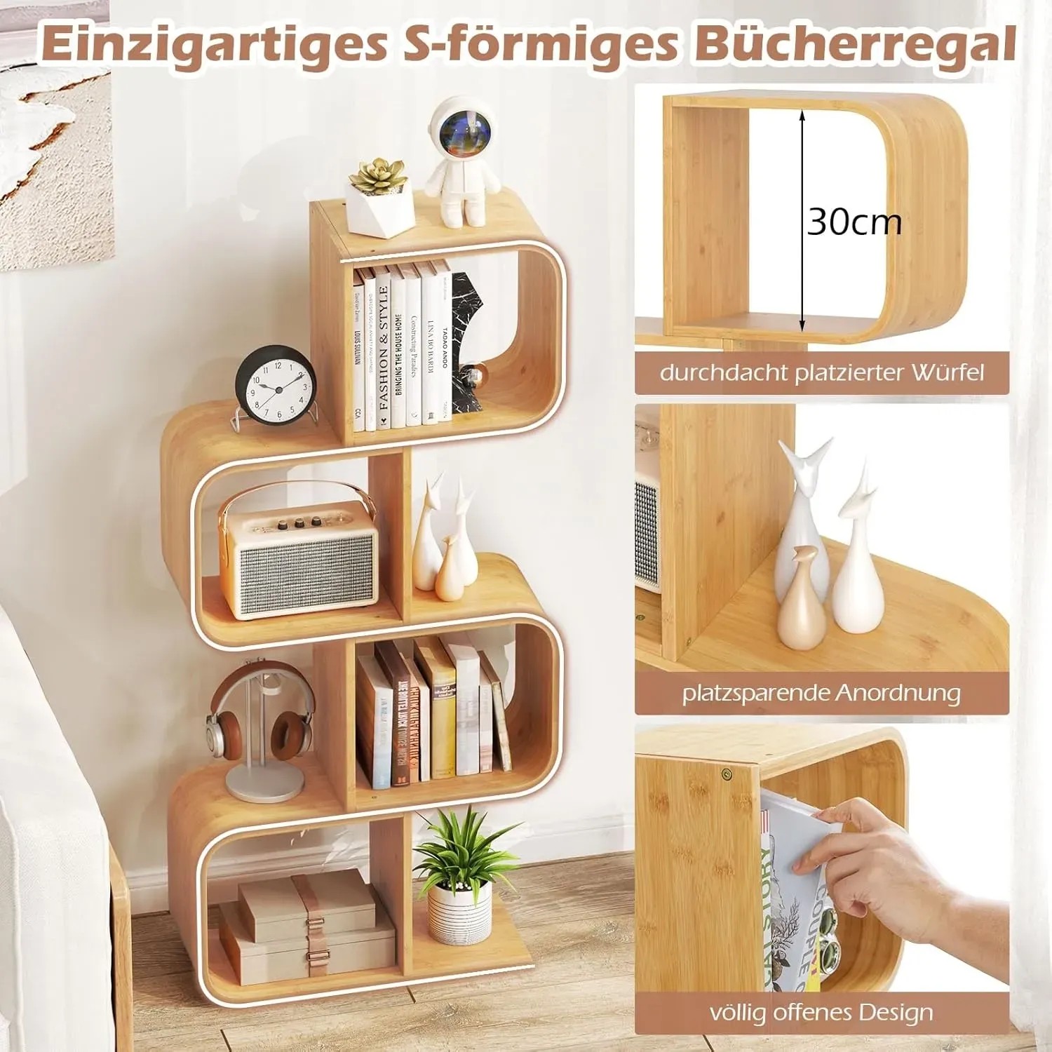 Costway Bücherregal S-förmig Aus Bambus Würfelregal mit 4 Etagen_6