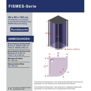 Aquabatos Runddusche 90x90x195 cm: Technische Zeichnung der Viertelkreis Duschkabine mit 6mm ESG Sicherheitsglas und Chromprofilen.