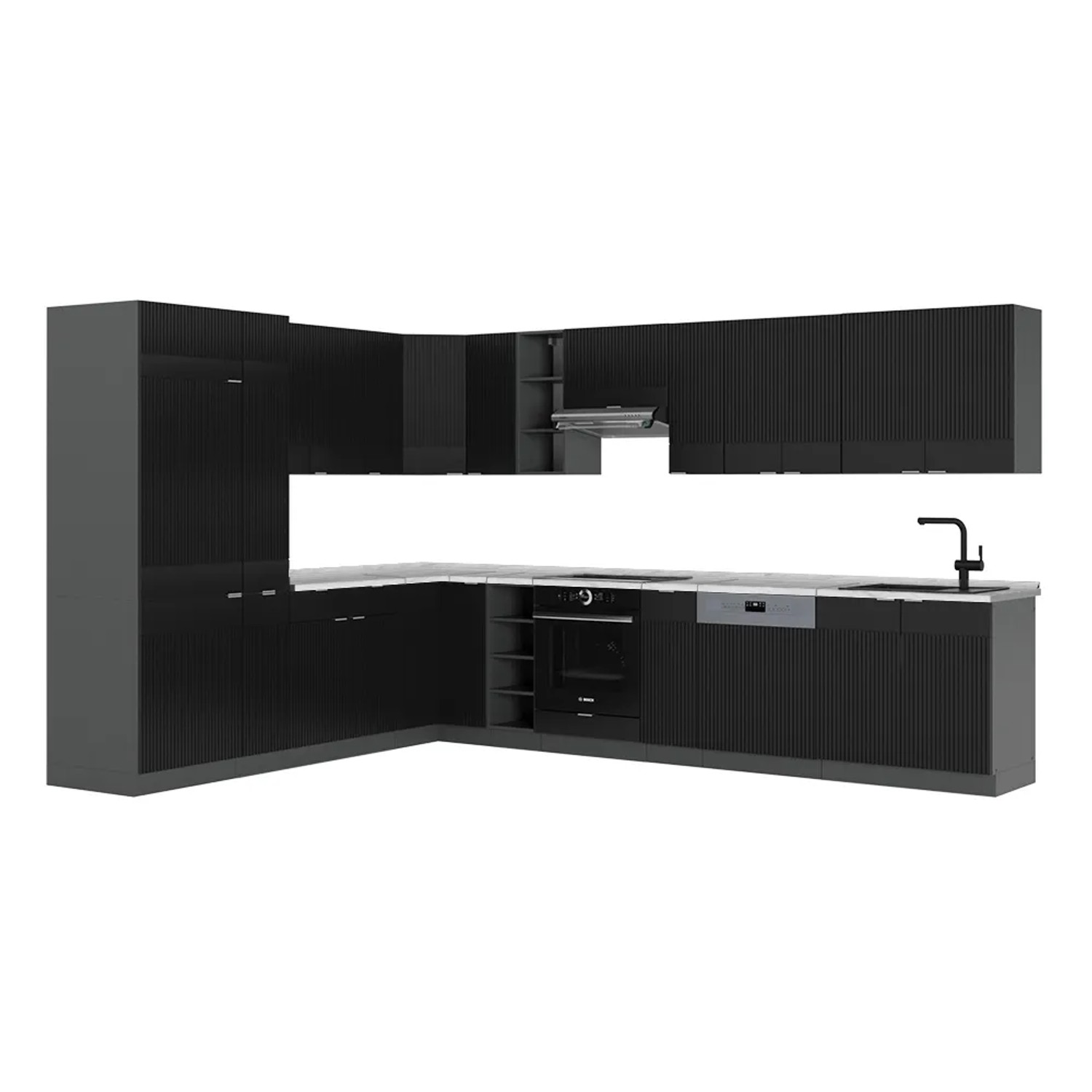Vicco Fame-Line Eckküche Schwarz gestreift/Anthrazit 347 x 257 cm AP Marmor ohne E-Geräte