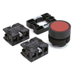 Sintron Drucktaster Rot, bündig, Serie IN1. Schalterprogramm mit rotem Knopf und schwarzem Gehäuse.
