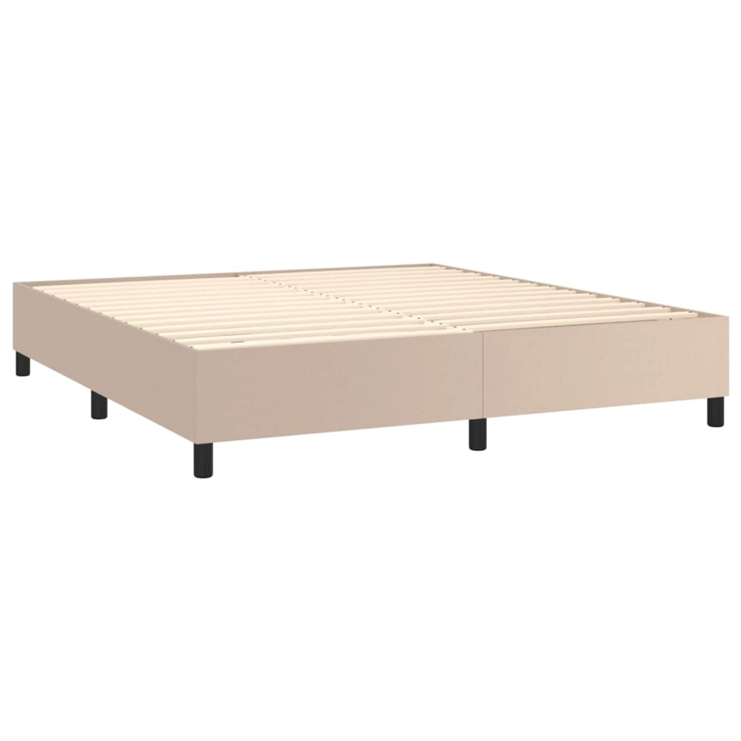 Boxspringbett in Cappuccino-Braun mit Lattenrost und schwarzen Füßen.