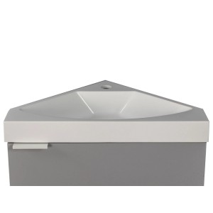 Grauer Eck-Waschbeckenunterschrank Manodo 56 cm mit weißem Handwaschbecken, modern und hängend.