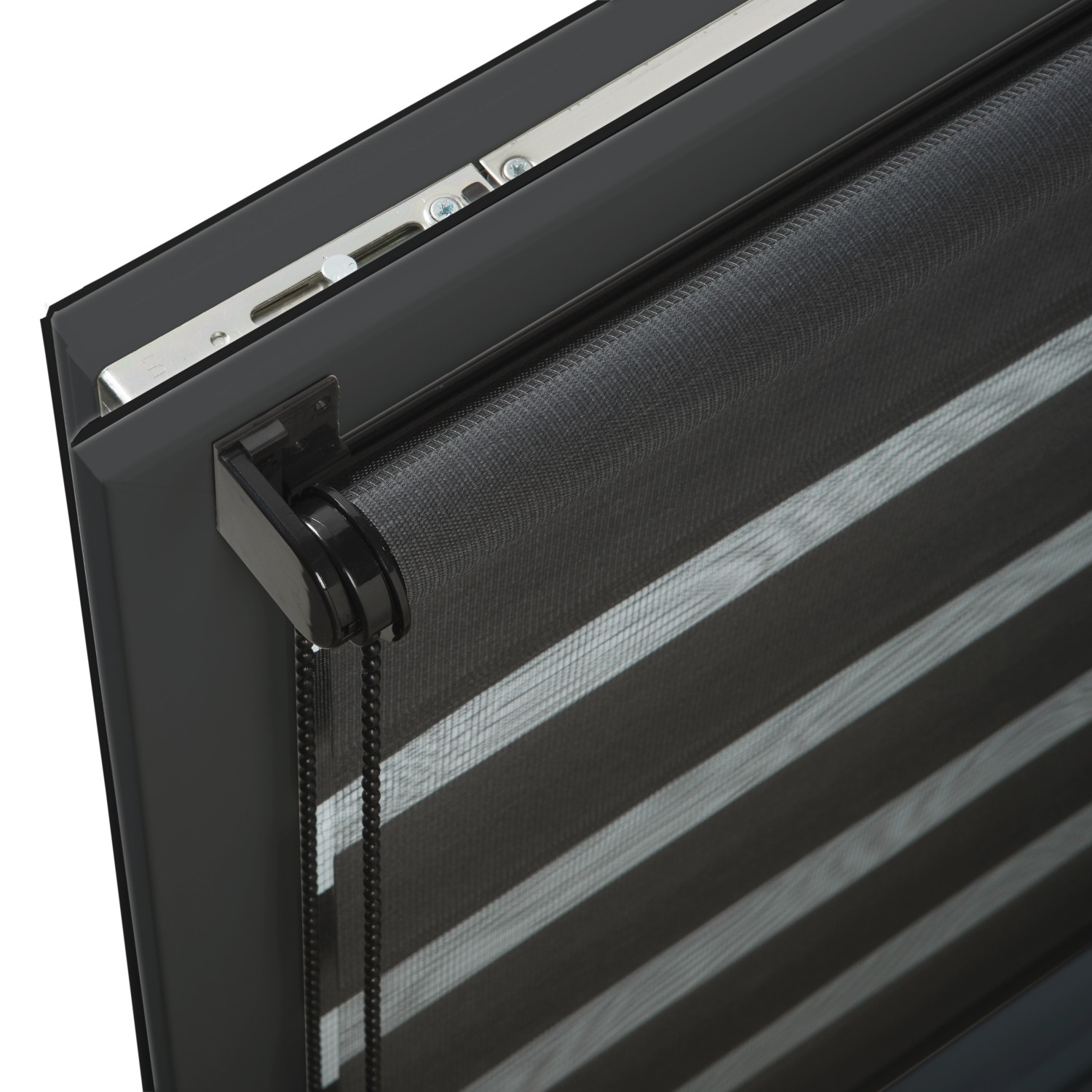 Gardinia Doppelrollo EasyFix, 45x150 cm, schwarz, mit transparenten und blickdichten Streifen am Fenster.