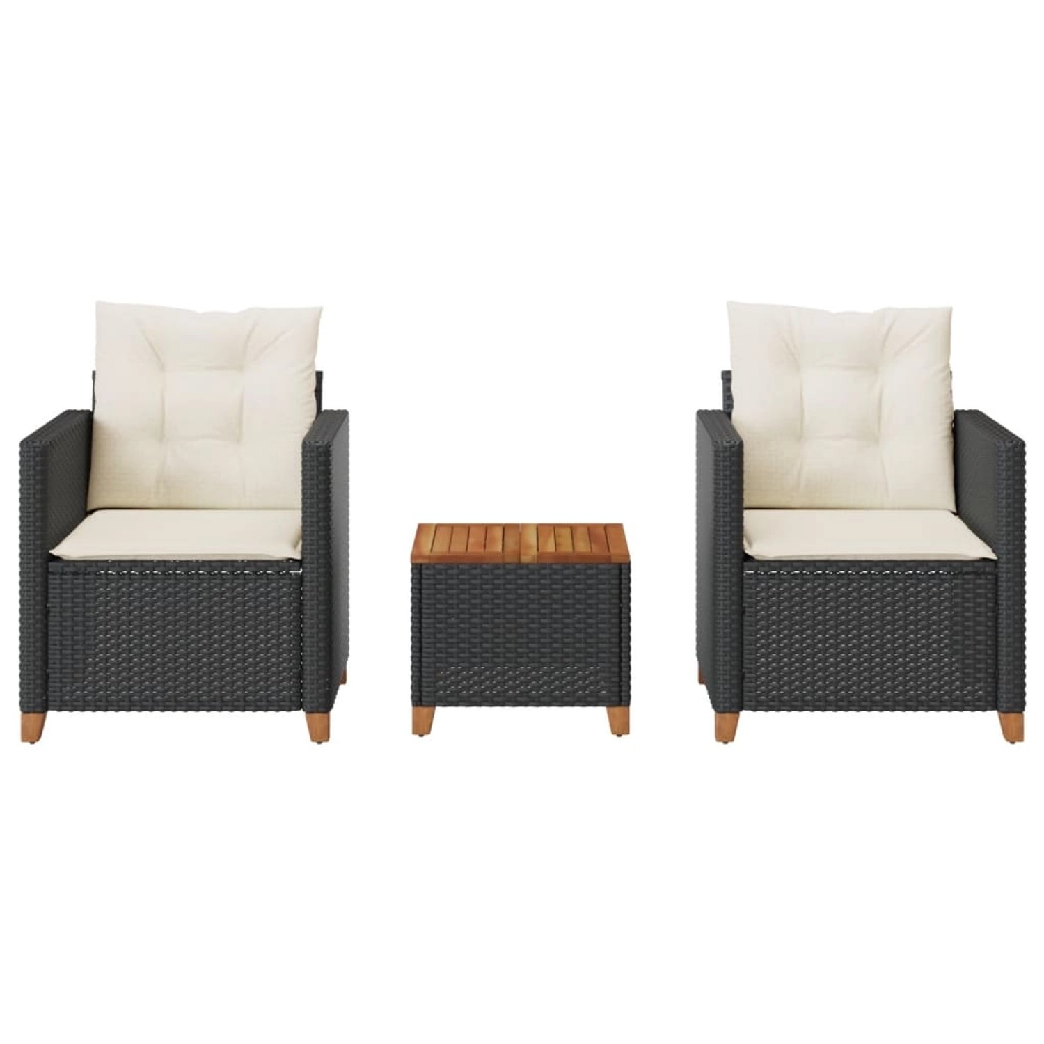 vidaXL Bistro-Set, 3-teilig, schwarz, Poly Rattan, Akazienholz, mit Kissen.