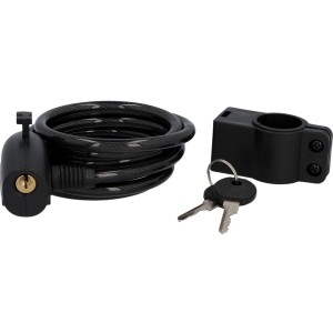 Schwarzes Fischer Spiralkabelschloss, 180 cm, mit Schlüssel und Halterung für Fahrräder.