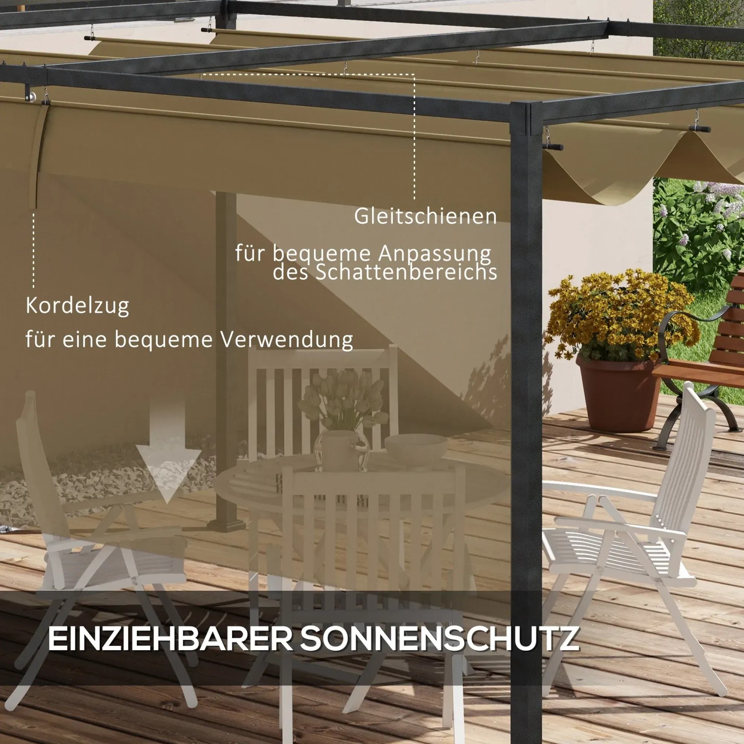 Outsunny Pergola, Khaki, mit einziehbarem Sonnendach und Metallrahmen. Ideal für Garten und Terrasse.