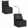Schwarzes vidaXL Gartensofa aus Rattan mit Kissen und wasserfestem Stauraum.