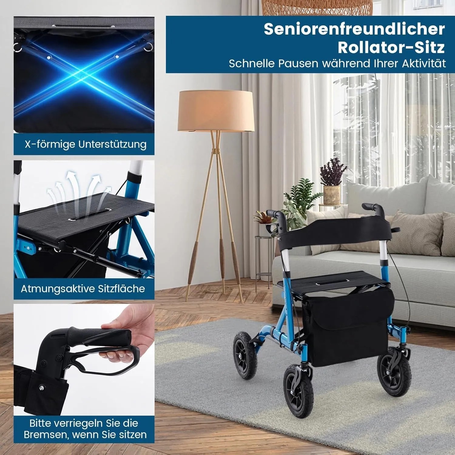 Costway Rollator mit Luftbereifung Faltbar mit Sitz Bis 136 kg Blau_5