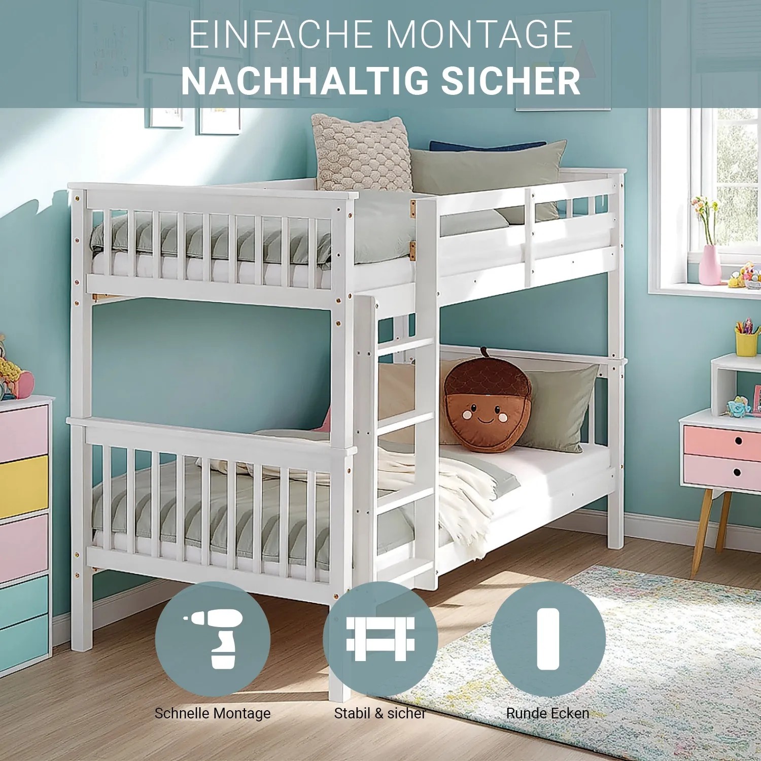 Weißes Homestyle4u Etagenbett aus Holz, 90x200 cm, mit zwei Liegeflächen im Kinderzimmer.