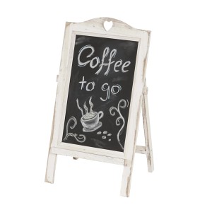Weiße Werbetafel im Shabby-Look mit Herz-Ausschnitt und 'Coffee to go' Aufschrift. Klappbare Kreidetafel aus Paulowniaholz.