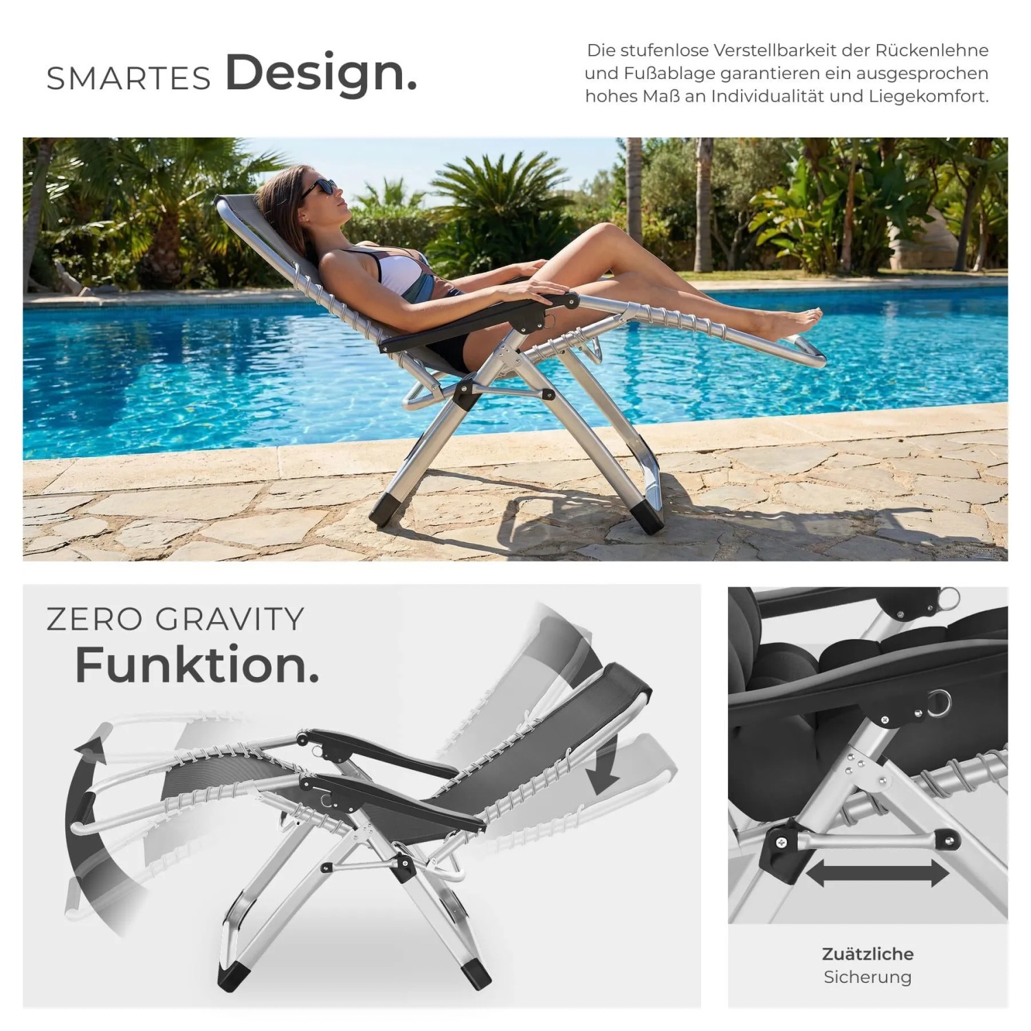 Schwarze Tectake Sonnenliege mit Frau am Pool. Klappbar, stufenlos verstellbar, Zero-Gravity-Funktion, robustes Stahlgestell.