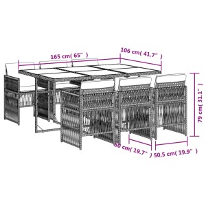 7-teilige Garten Essgruppe aus grauem Poly Rattan mit Tisch, 6 Stühlen und Kissen.