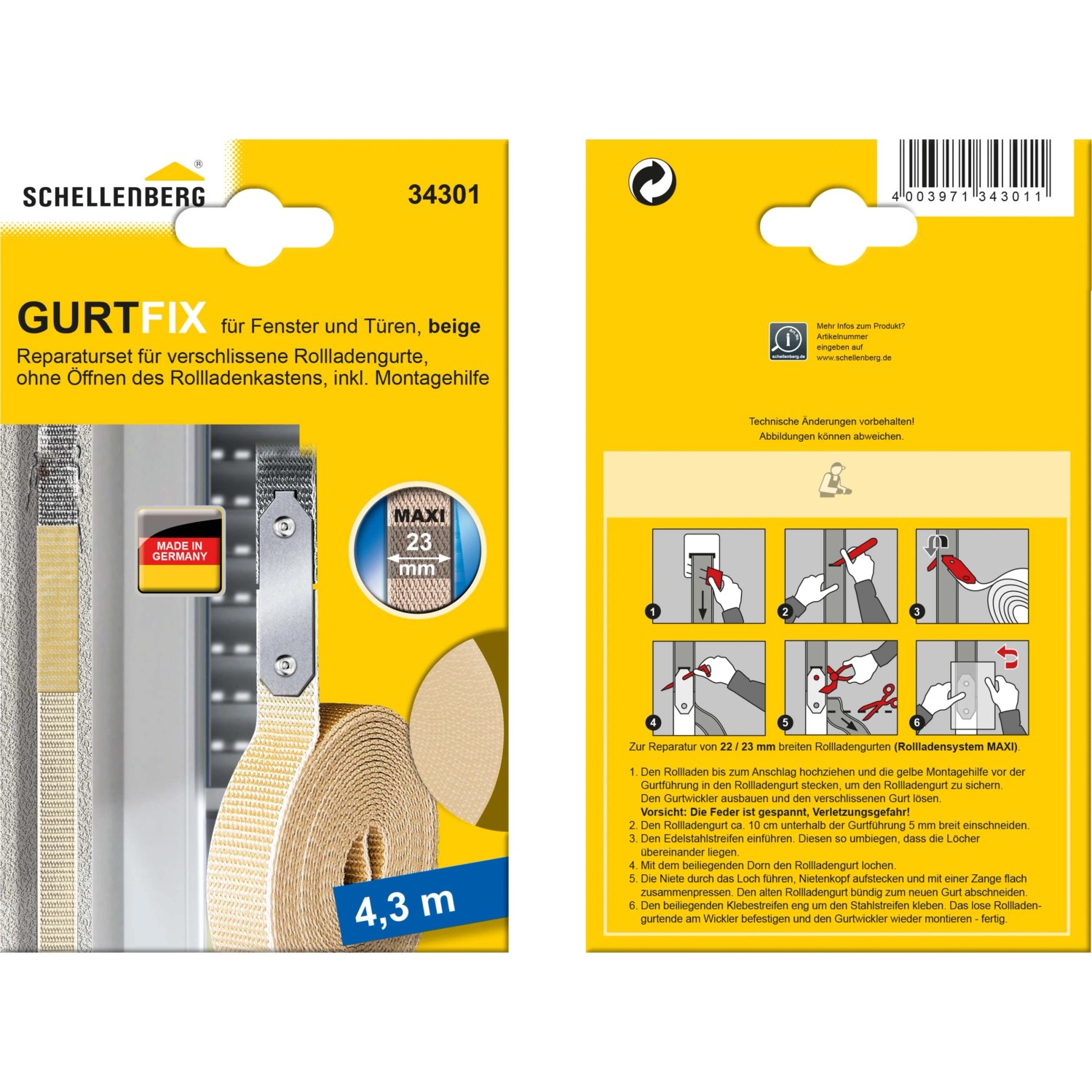 Schellenberg Gurtfix Reparaturset Maxi 23 mm Beige für Rollladen, bestehend aus Gurtband, Klebestreifen und Montagehilfe.