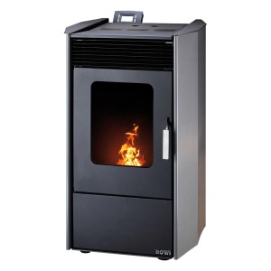 Rowi Kamin Pellet Easy Premium 9 kW Pelletofen in Grau mit Flamme im Sichtfenster.