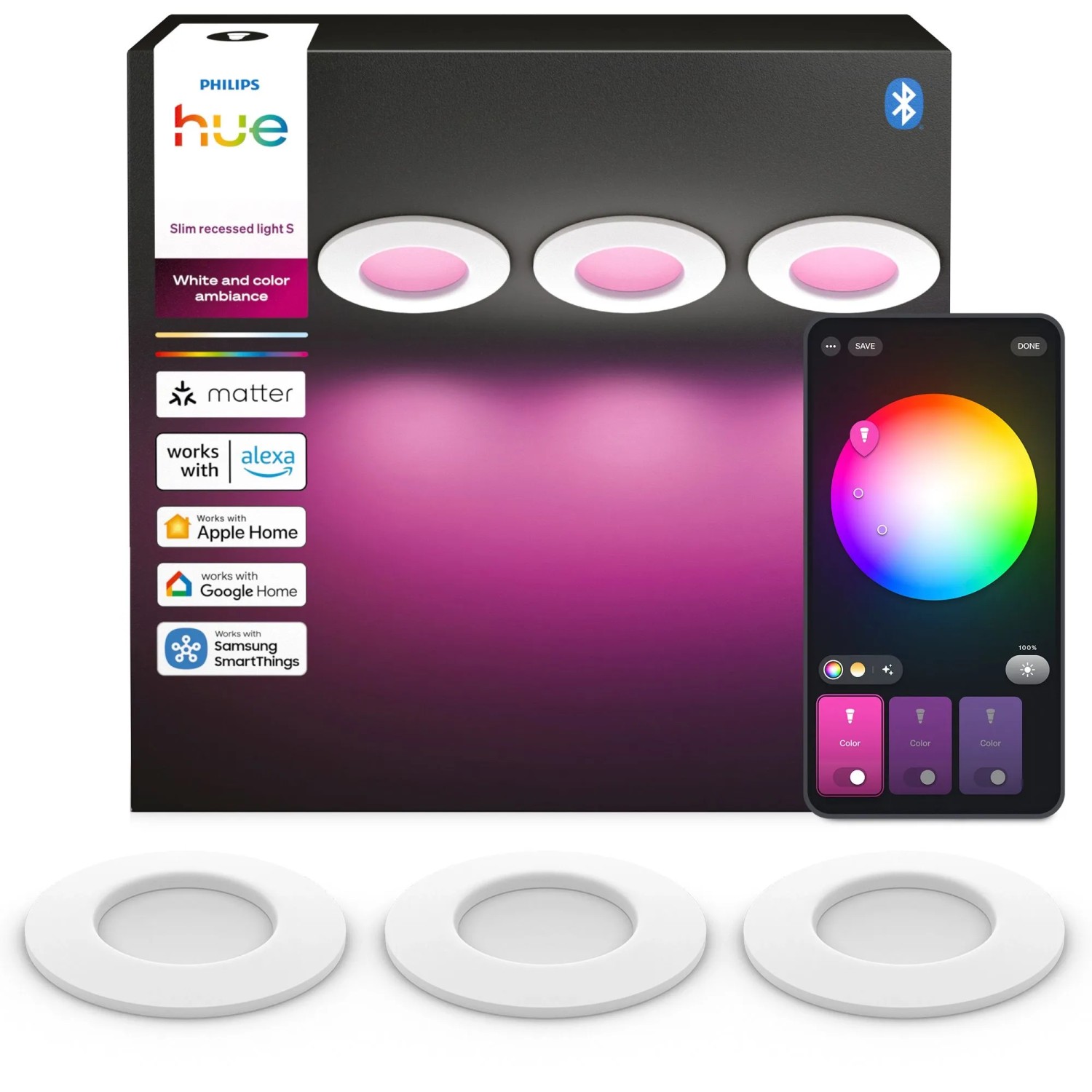 Philips Hue LED-Einbauleuchte Slim White & Color Ambiance Ø 9 cm Weiß 3 Stück