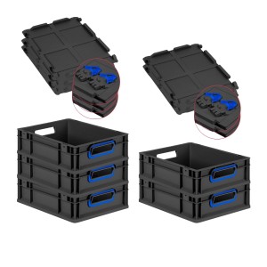 PROREGAL SuperSparSet: 5 Euroboxen mit Scharnierdeckel, 11L, schwarz mit blauen Griffen. Stapelbare Aufbewahrungsboxen.