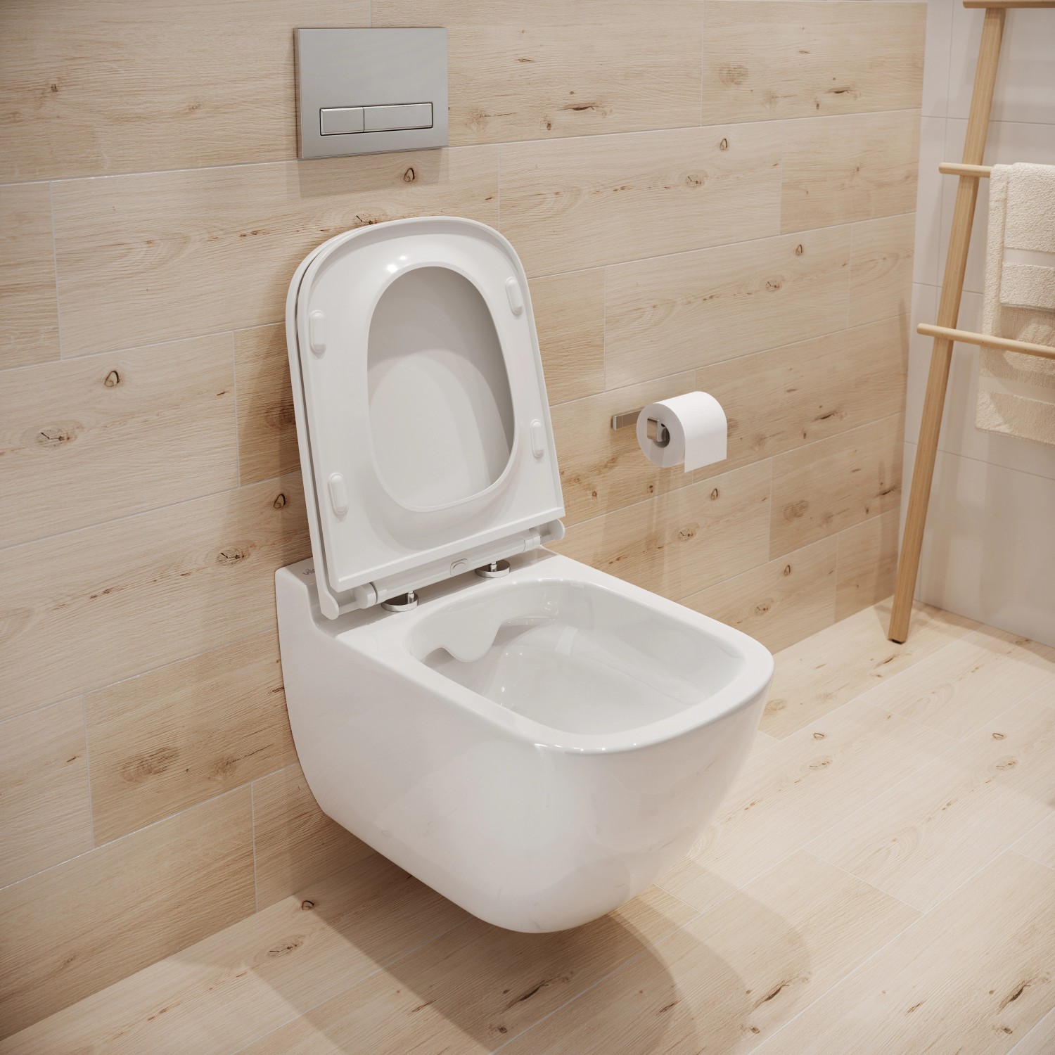 Weißes, spülrandloses baliv Wand WC-Set Cleveland mit offenem WC-Deckel vor Holzwand.