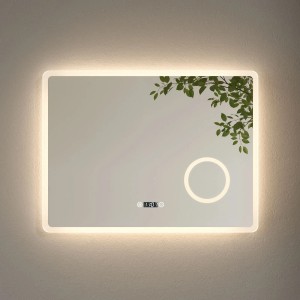 Emke Badspiegel mit 3-fache Vergrößerung 80 x 60 cm LED Spiegel mit Beschlagfrei Uhr Kaltweißes Licht